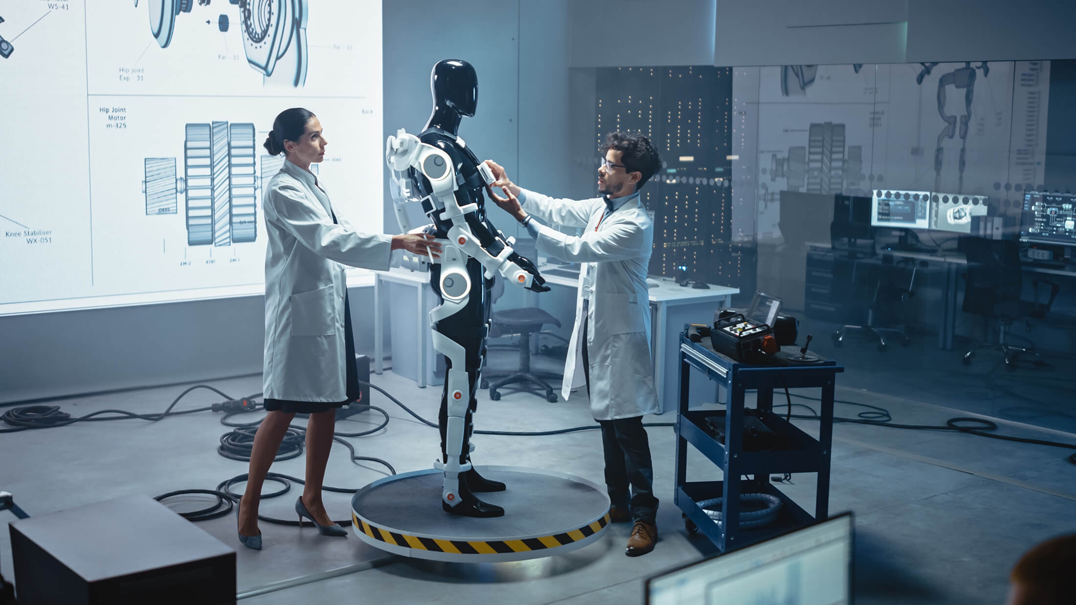 Photograph of a robotic lab and two people working on a robot machine