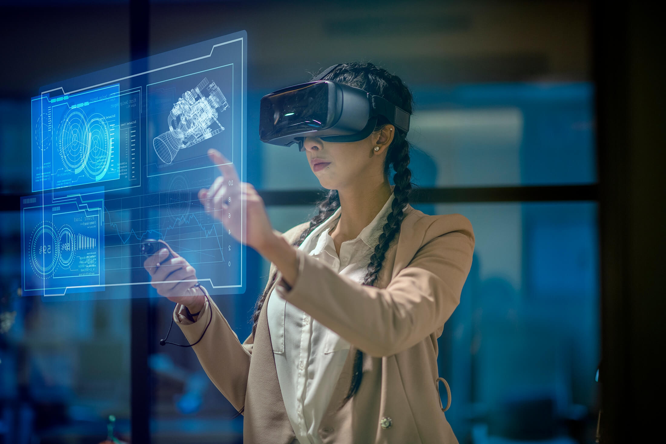 Graphic illustration of a women waring a VR headset and looking at infographics on a digital screen