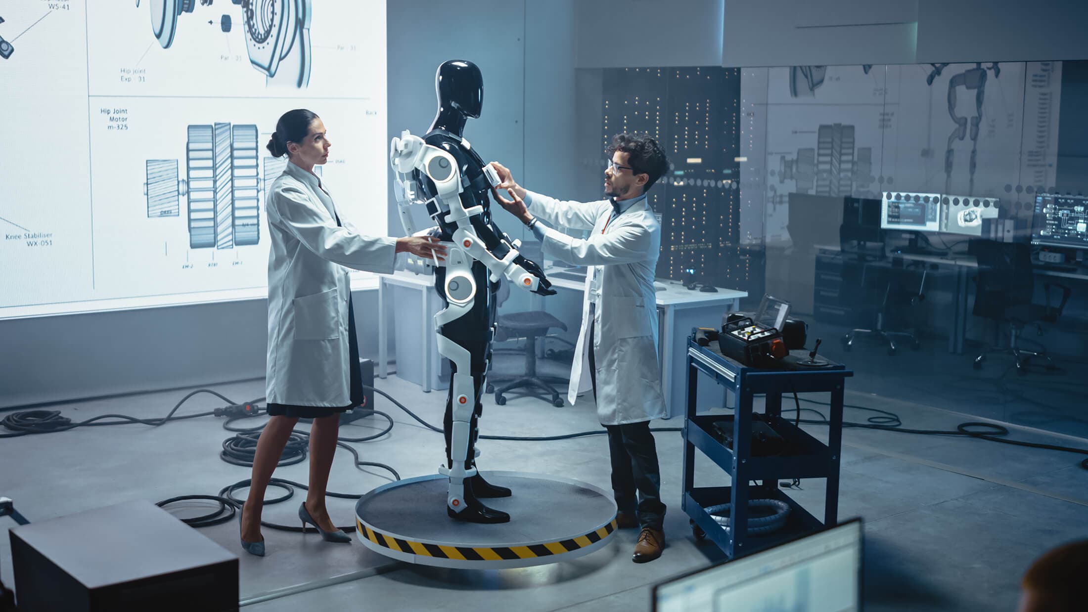Photograph of a robotic lab and two people working on a robot machine